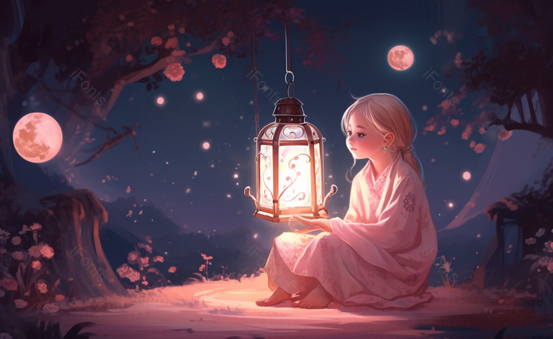 卡通风格黑夜里灯光女孩插画海报背景,插画/手绘图,插画/手绘图库,插画/手绘图下载,插画/手绘